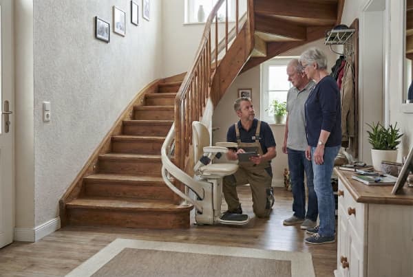 Handwerker beim Treppenliftaufbau