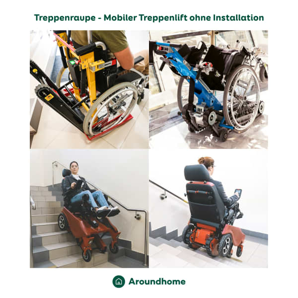 Beispiele für Treppenlifte mit Sitz und ohne Sitz für Rollstuhlfahrer