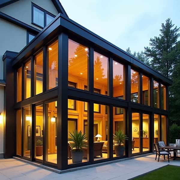 Zweistöckiger Holz-Alu-Wintergarten mit schwarzen Aluprofilen.