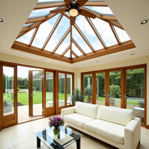 Innenansicht eines Holz-Alu-Wintergarten mit großem Glasdach