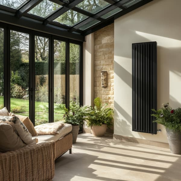 Moderner Wintergarten mit schwarzem Heizkörper.