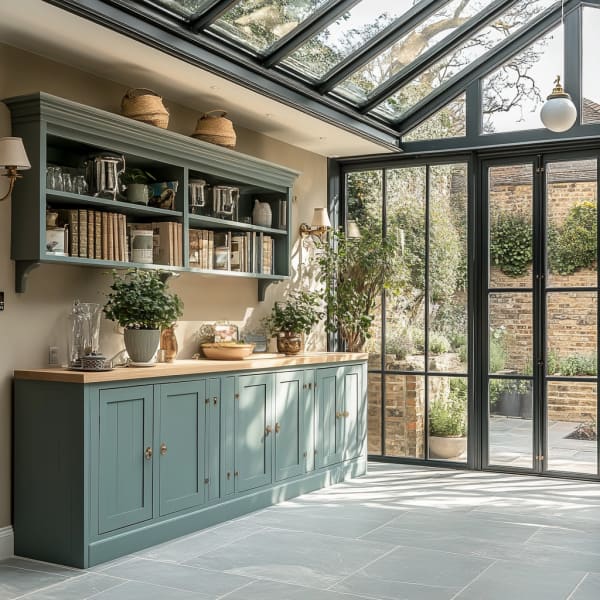 Wintergarten mit Kommode und Regal an einer Wand.