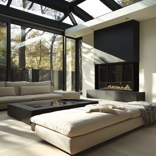 Moderner Wintergarten mit schwarzem Kamin.