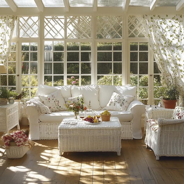 Wintergarten im Landhausstil mit Rattanmöbel.