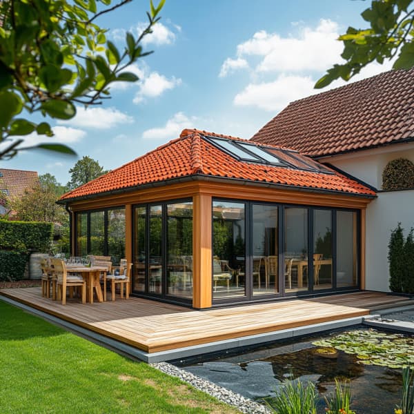 Wintergarten mit eingedecktem Dach und Holz-Alu-Profilen.