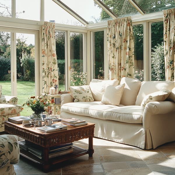 Wintergarten mit Sofa, Sessel und Vorhängen.