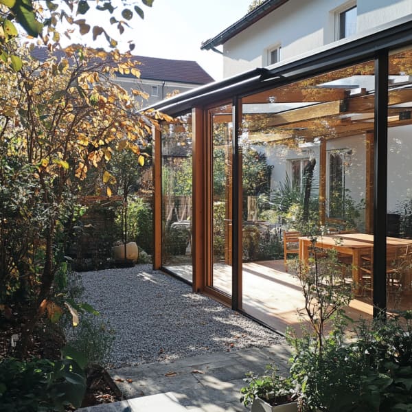Wintergarten mit Holzpfofilen und großen Glasflächen