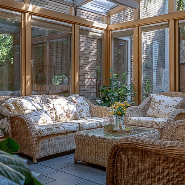Wintergarten mit einer Sitzgruppe aus Rattanmöbeln.