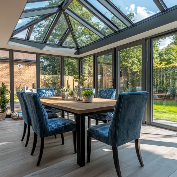 Wintergarten mit Esstisch und Stühlen in der Mitte.