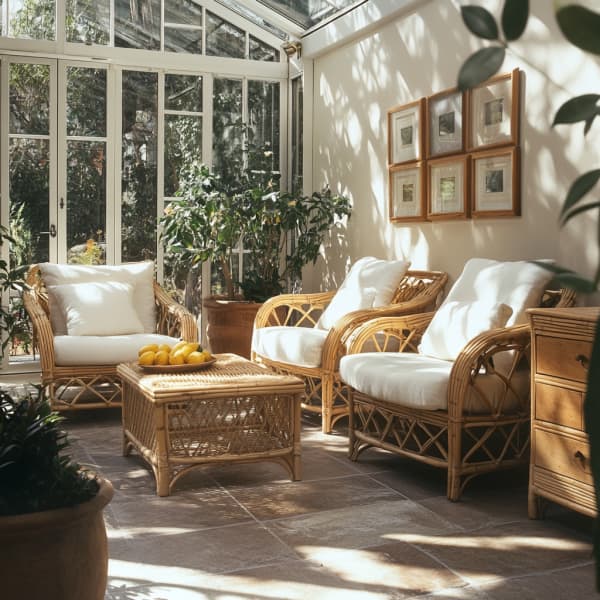 Wintergarten mit Sitzgarnitur aus Bambus.