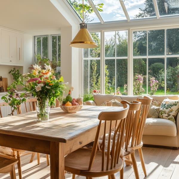Wintergarten mit Holzesstisch und großen Fenstern.
