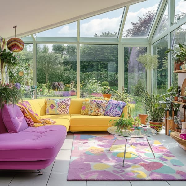 Wintergarten mit bunter Einrichtung und großen Glasfronten.