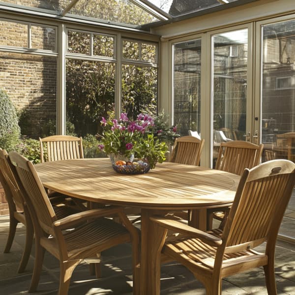 Wintergarten mit Sitzgruppe und Esstisch aus Teakholz.