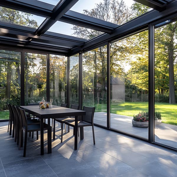 Wintergarten mit schwarzen Aluprofilen und einer Sitzgruppe aus Edelstahl.