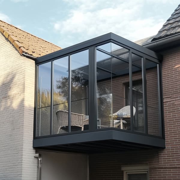 Wintergarten als Balkon an ein Wohnhaus angebaut.