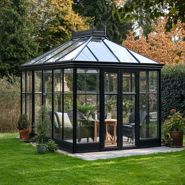 Wintergarten im englischen Stil mit schwarzen Profilen.