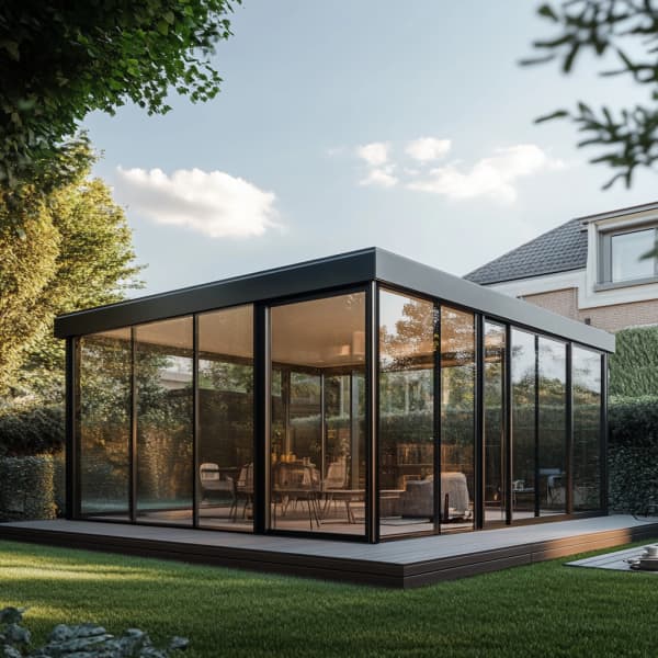 Freistehender Wintergarten mit schwarzen Aluprofilen.