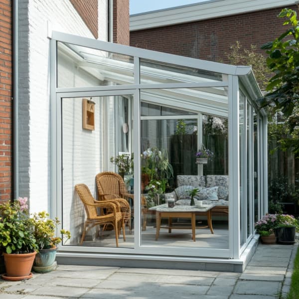 Wintergarten-Bausatz aus Kunststoff mit Pultdach.