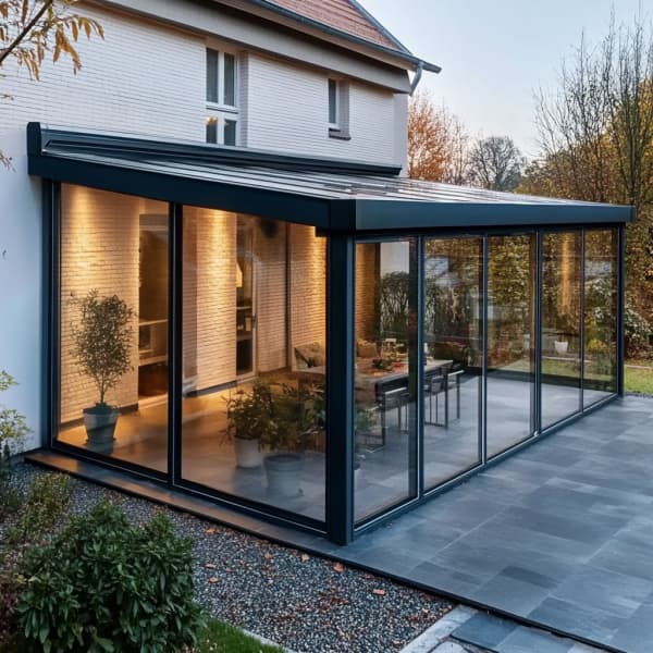 Wintergarten mit großen Glaswänden angebaut an eine Hauswand.