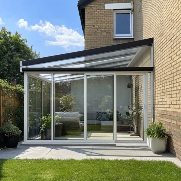 Wintergarten-Bausatz auf weißem Aluminium mit Glasdach