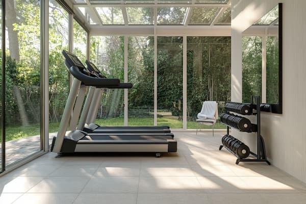 Wintergarten eingerichtet als Sportraum mit zwei Laufbändern und Gewichten.