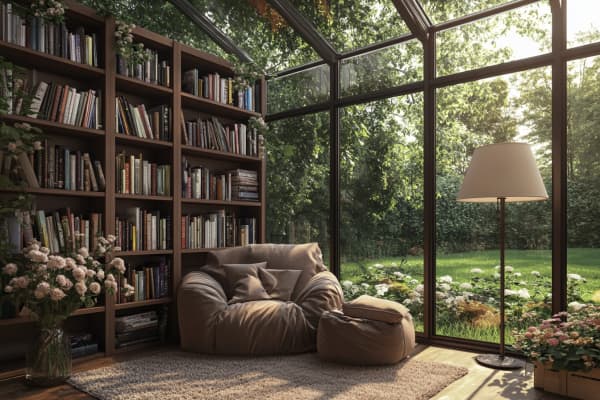 Wintergarten einrichten mit einer gemütlichen Leseecke mit Blick ins Grüne