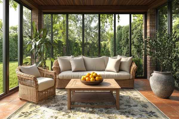 Ein Wintergarten mit Rattanmöbeln, großen Glaswänden, einem Holztisch und schönen Blick in den Garten.