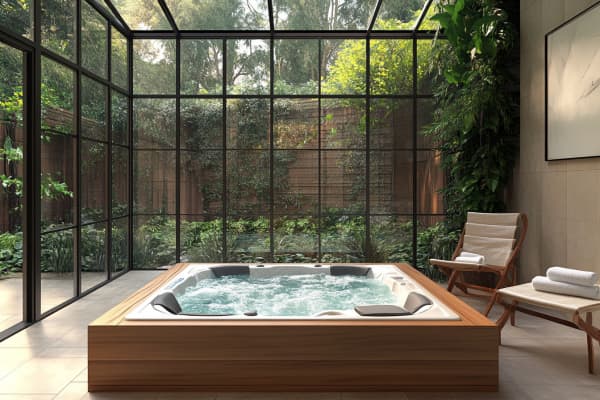 Wintergarten mit einem Whirlpool und Ausblick in den Garten.