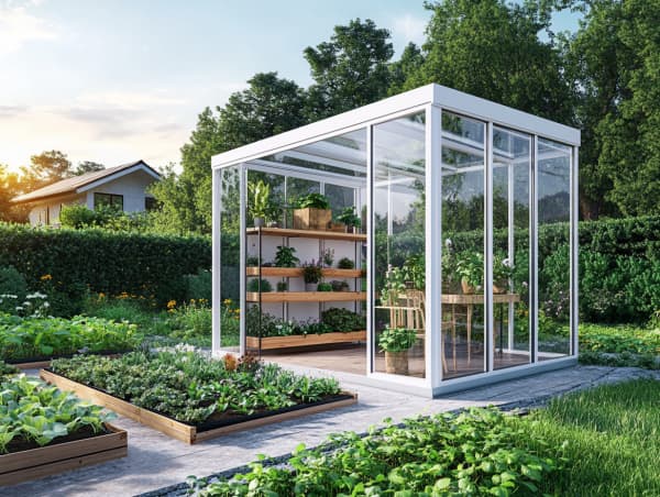 Freistehender Wintergarten als Kaltwintergarten in einem Garten.