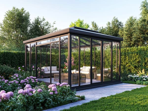 Wintergarten freistehend komplett verglast im Garten.