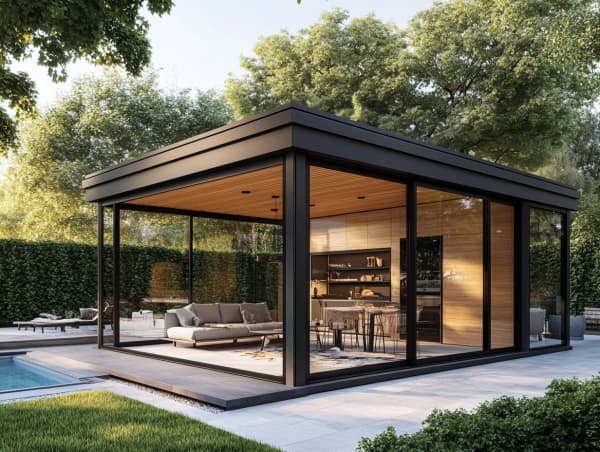 Freistehender Wintergarten mit Terrasse und Pool.