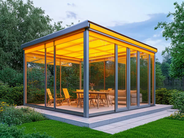 Freistehender Wintergarten mit innenliegender Markise.