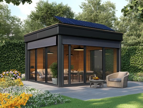 Freistehender Wintergarten mit Terrasse und Solaranlage auf dem Dach.