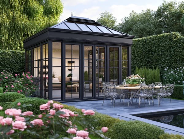 Freistehender Wintergarten als Orangerie in einem Garten.