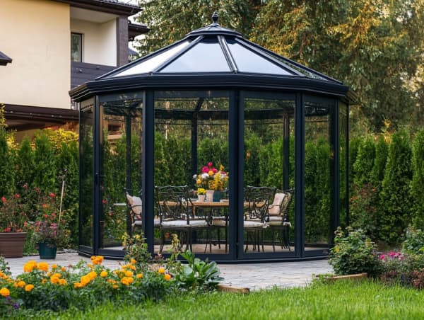 Freistehender Wintergarten als Pavillon im Garten.