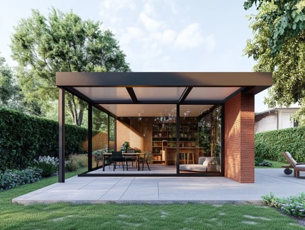 Freistehender Wintergarten als Warmwintergarten teilweise gemauert.