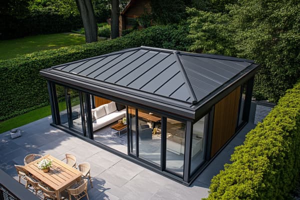 Wintergarten mit dunkelgrauem Metalldach und schwarzen Aluprofilen.