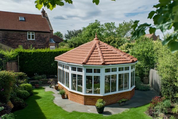 Wintergarten in Pavillon-Form mit roten Dachziegeln.