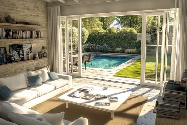 Wintergarten mit einem Sofa und Blick auf einen Pool im Garten.