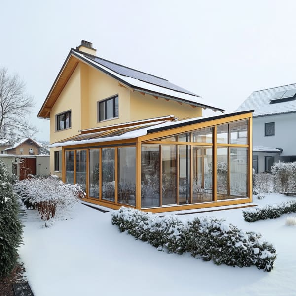 Wintergarten über Eck angebaut an ein Haus.