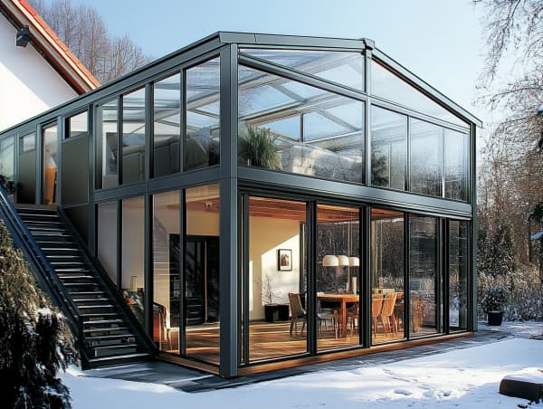 Wintergarten über zwei Etagen angebaut an ein Haus mit einer Treppe.