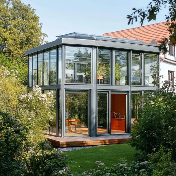Wintergarten über zwei Etagen an Haus angebaut.