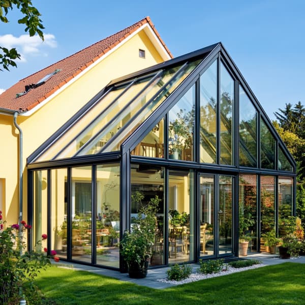 Wintergarten über zwei Etagen an Giebelseite des Hauses angebaut.