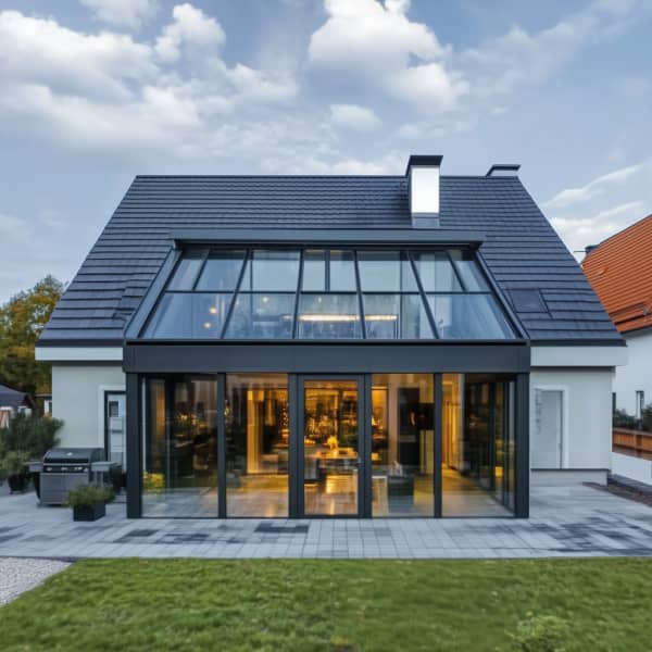 Wintergarten über zwei Etagen in das Haus integriert.