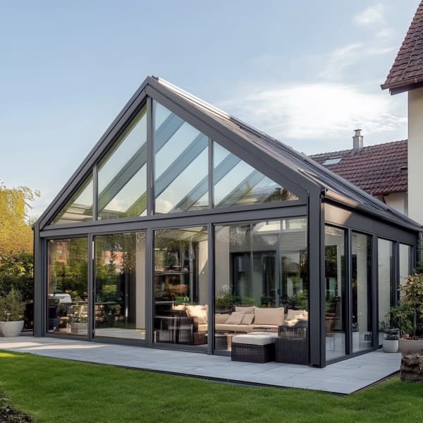 Wintergarten über zwei Etagen im Loft-Stil an Haus angebaut.