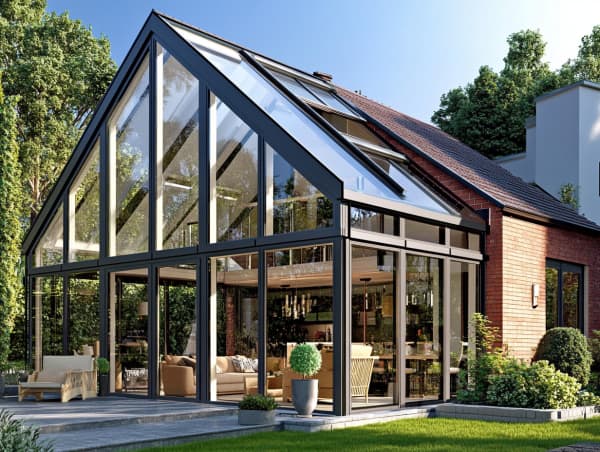 Wintergarten über zwei Etagen mit Satteldach angebaut an ein Haus.