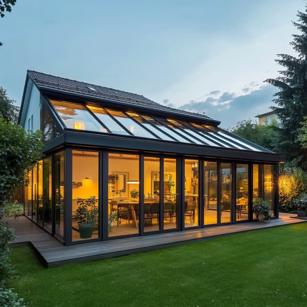 Wintergarten über zwei Etagen an der Traufseite des Hauses angebaut.