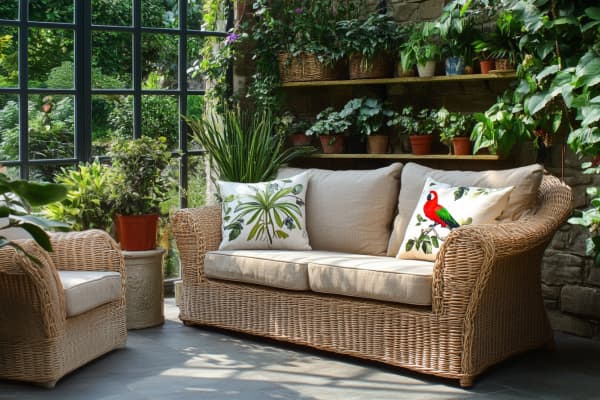 Wintergarten mit Korbmöbeln und viele Pflanzen.