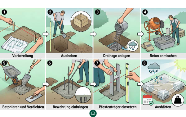 Anleitung wie man ein Fundament für Pfosten legt.