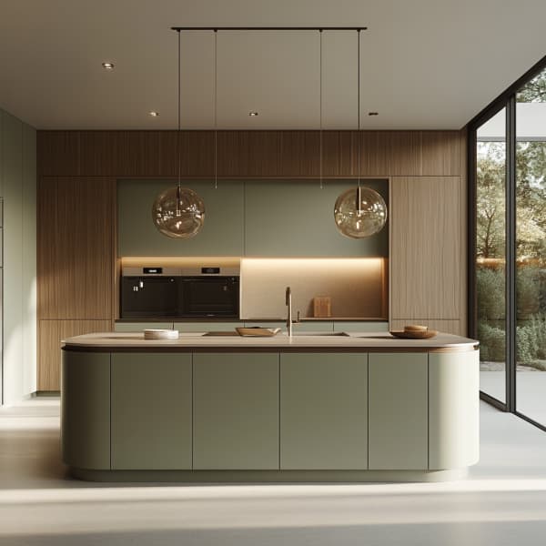 moderne Küche mit sanften grünen und holzfarbenen Tönen